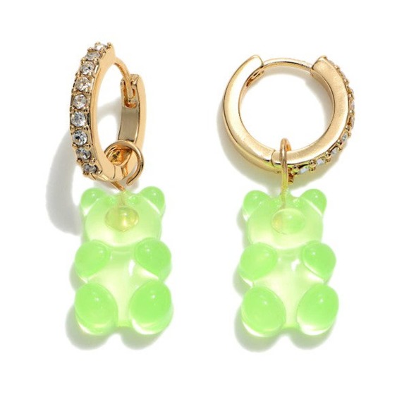 Judson Jewelry - Light Green Candy Bear Charm Crystal Huggie Hoop Earrings